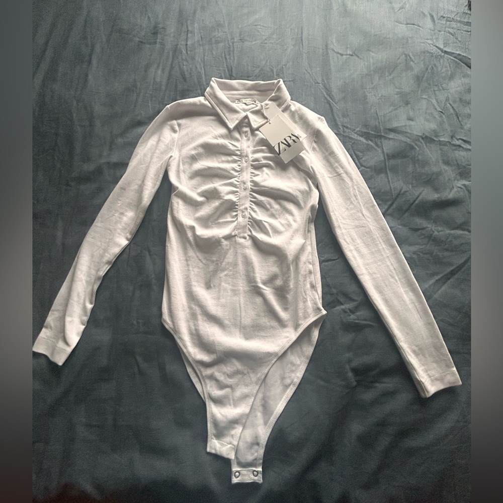 Zara Rouched Polo Bodysuit | White | Medium
